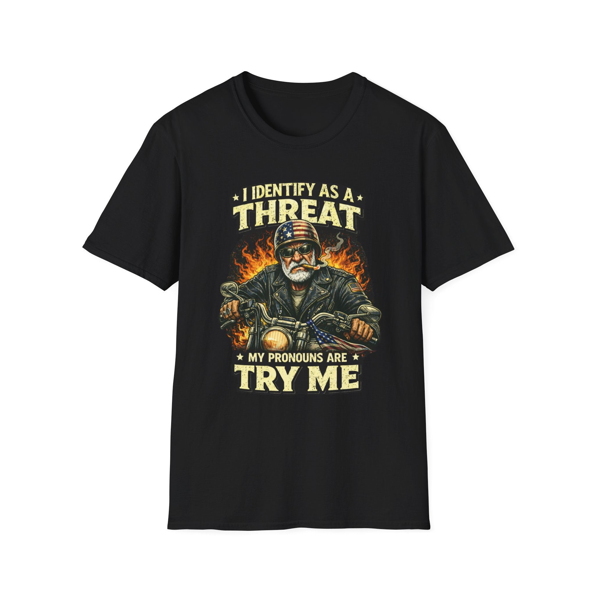 I Identify as a Threat – Try Me Biker Tee