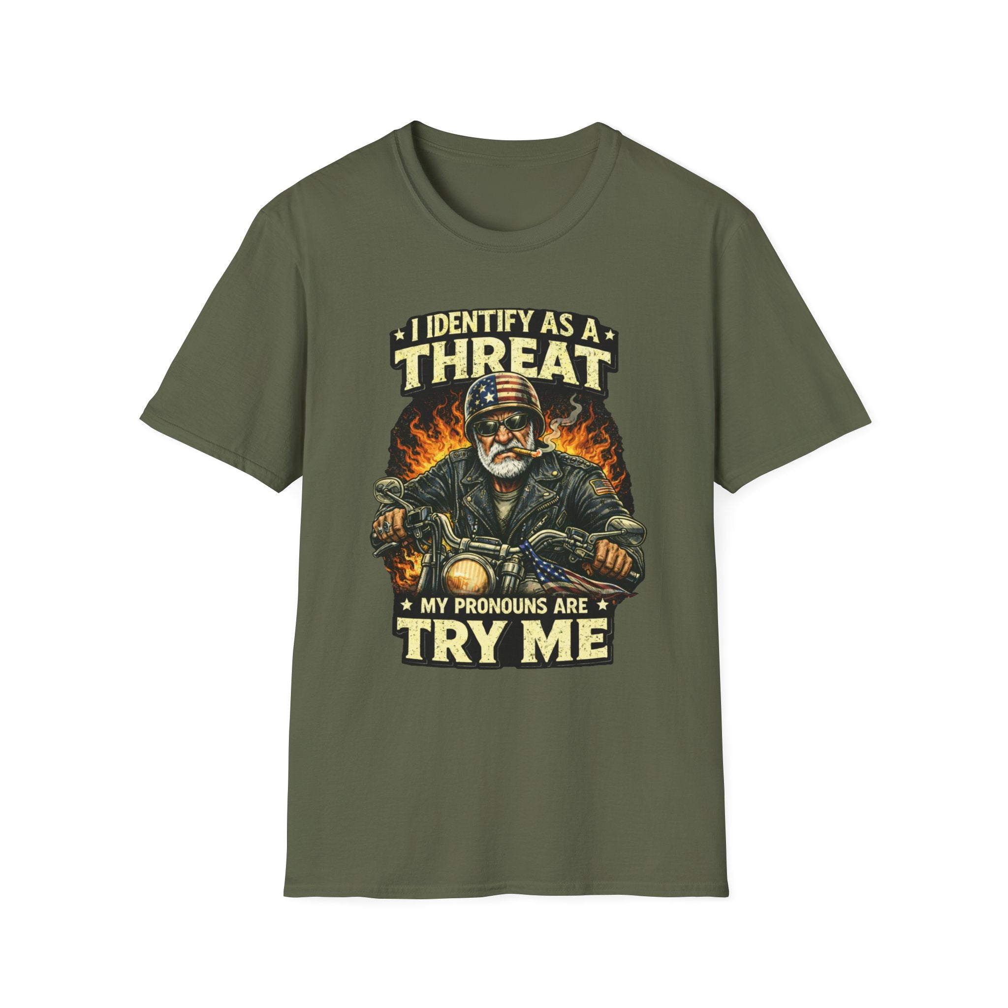 I Identify as a Threat – Try Me Biker Tee